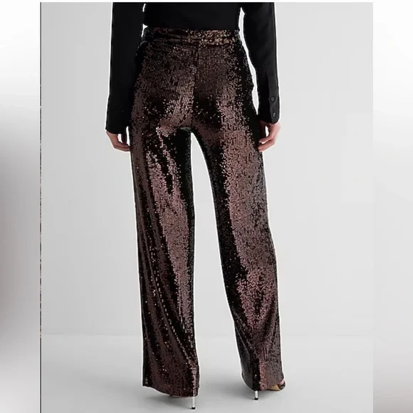 Express High Waisted Sequin Wide Leg Pant bronze women’s NEW 0 short - Picture 3 of 7